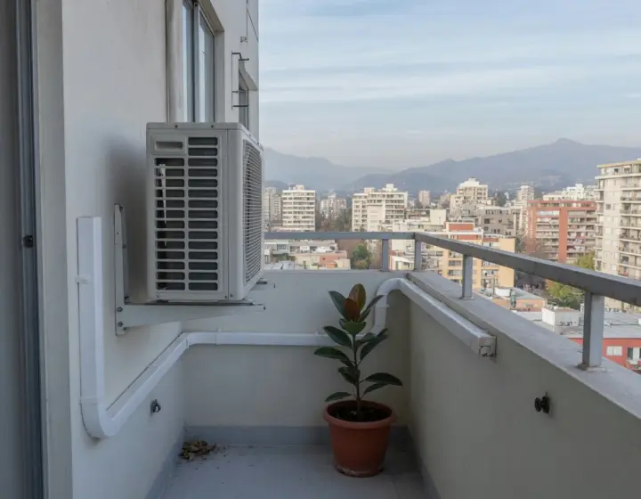 Condensadora de aire acondicionado instalada en el balcón de un departamento
